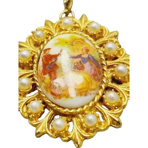 Vintage Signed Pauline Rader Porcelain Fragonard Pendant Necklace (A1370) - Picture 2 of 4